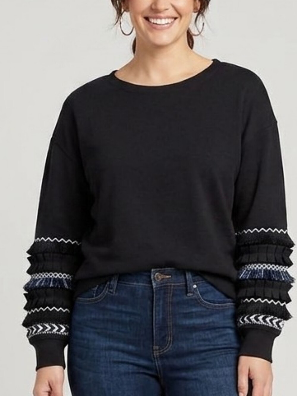 Style & Co. Black Scoop Neck Sweater with Textured Sleeve Ruffles